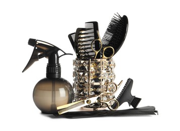 Set of professional hairdresser tools isolated on white