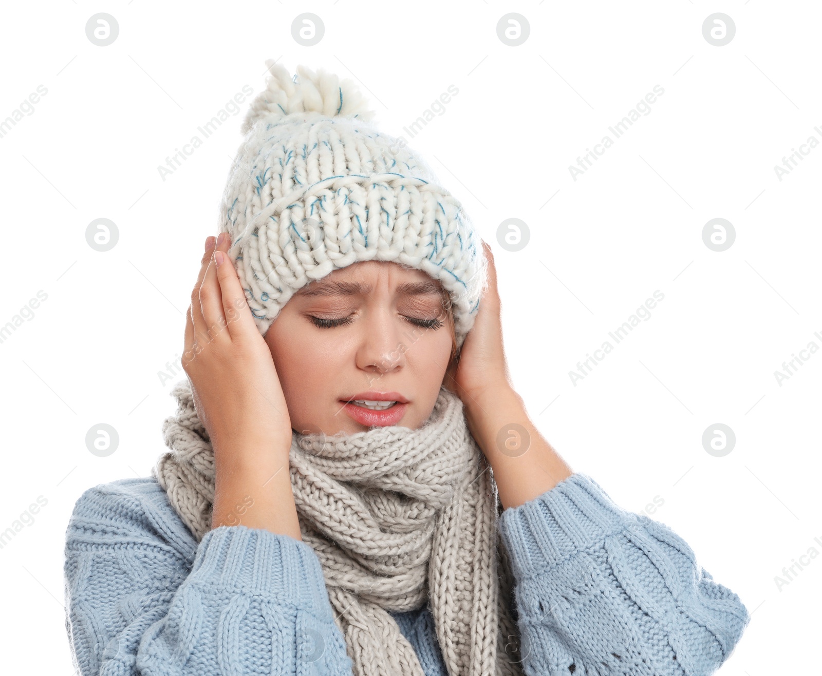 Photo of Young woman suffering from cold on white background