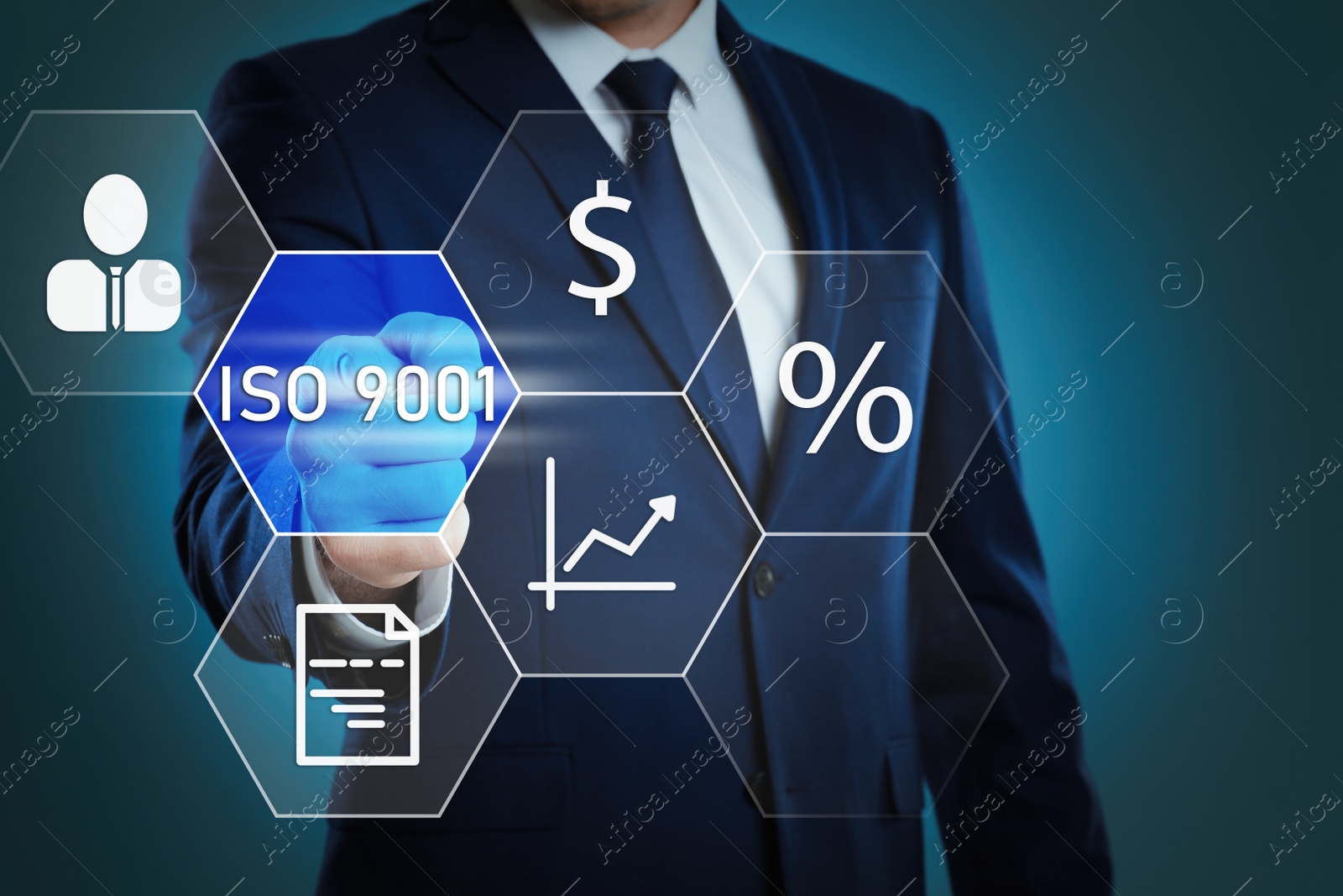 Image of Businessman pointing at virtual icon with text ISO 9001 on color background, closeup 