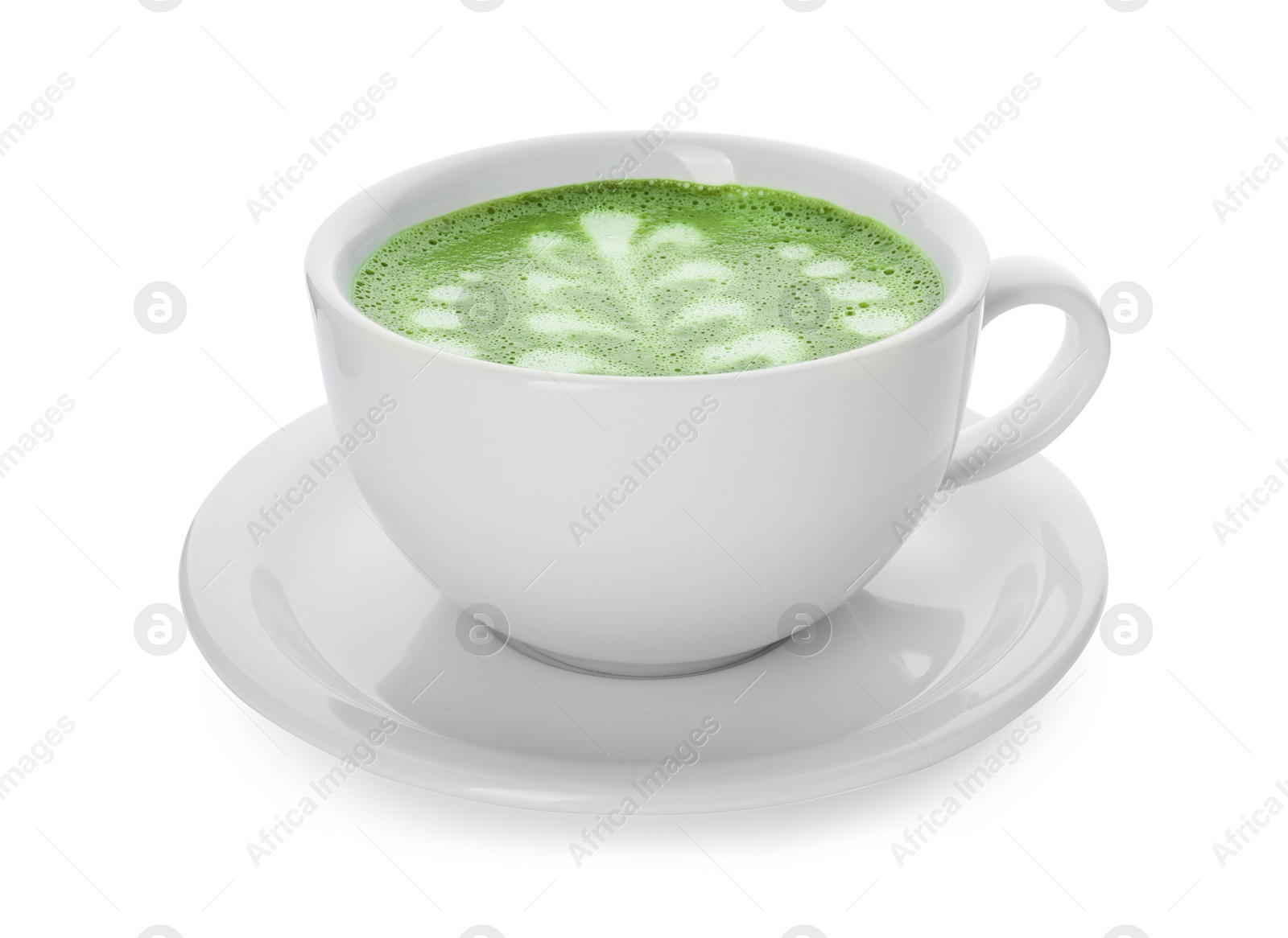 Photo of Delicious matcha latte in cup on white background