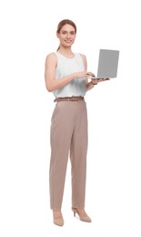 Beautiful happy businesswoman with laptop on white background