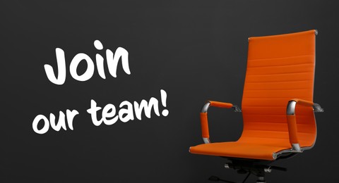 Orange office chair and text JOIN our team on black background