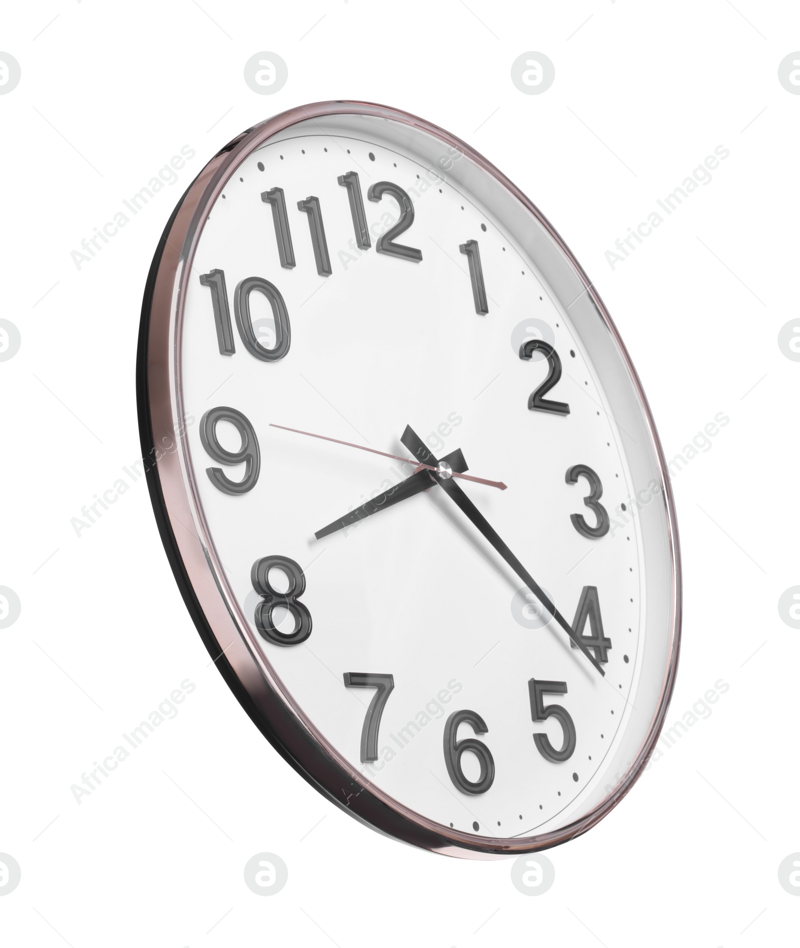 Photo of Stylish round clock isolated on white. Interior element