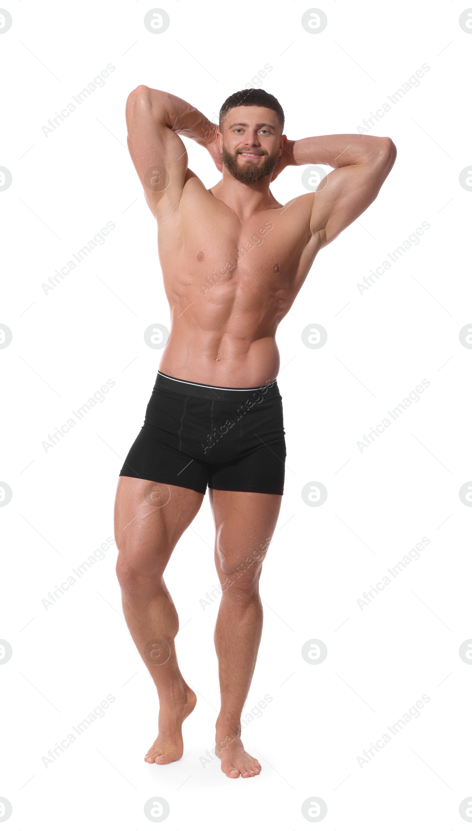 Photo of Young man is stylish black underwear on white background