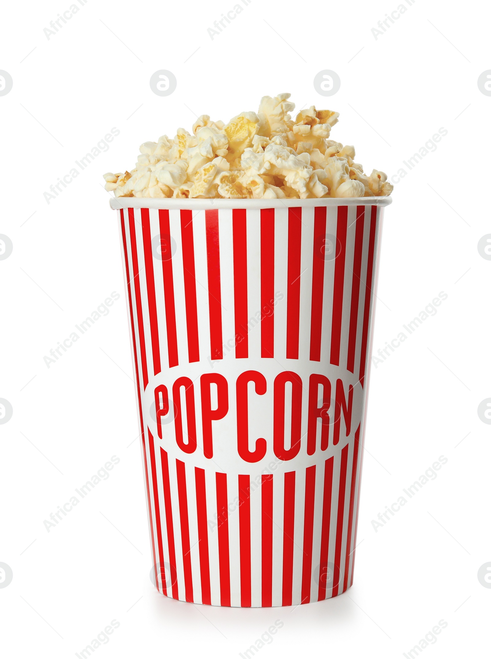 Photo of Cup with fresh tasty popcorn isolated on white. Cinema snack