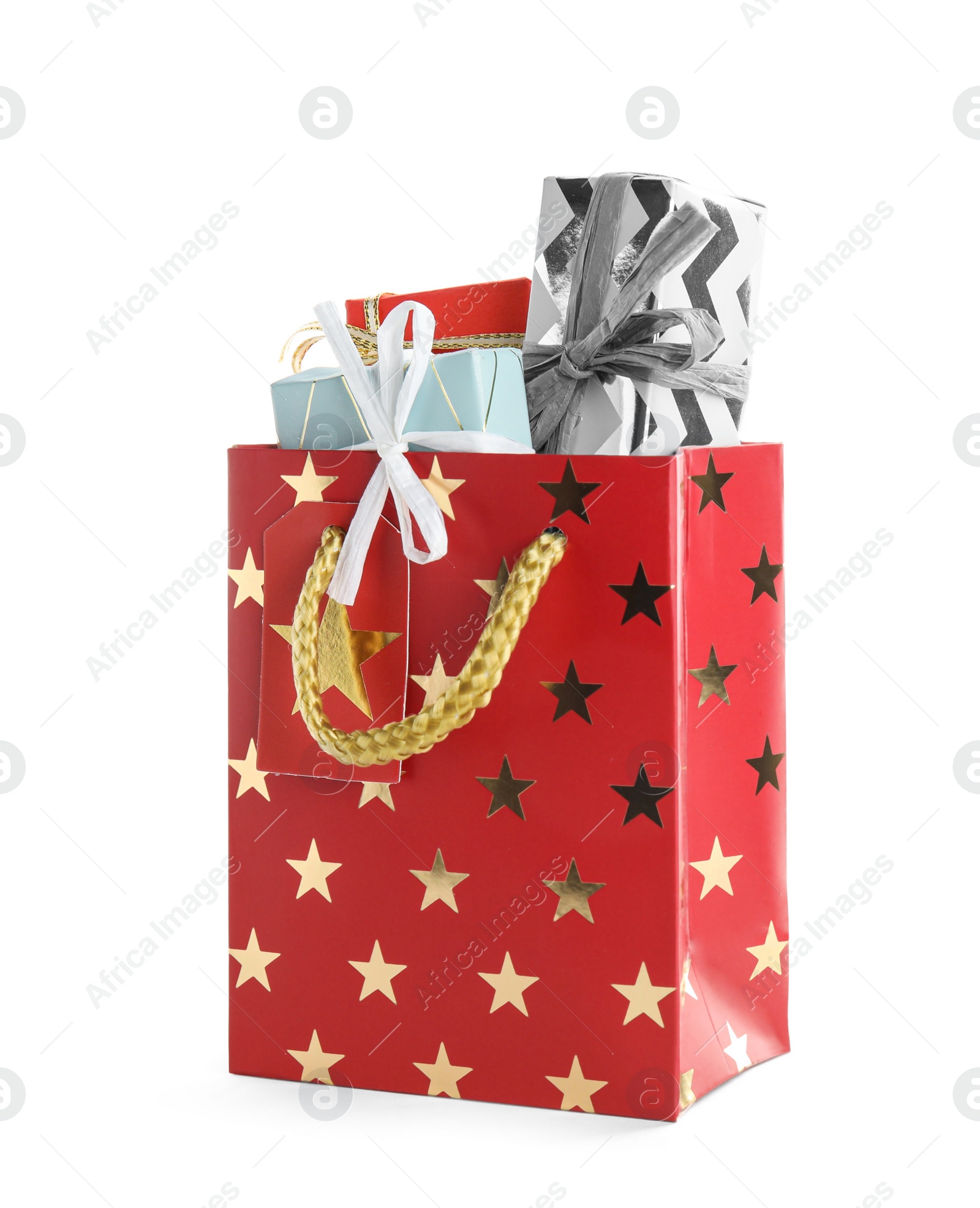 Photo of Shopping paper bag with presents isolated on white