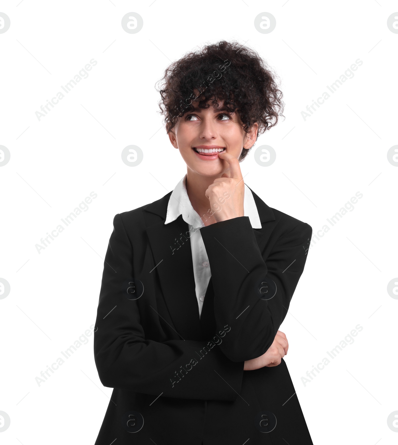 Photo of Beautiful young businesswoman in suit on white background