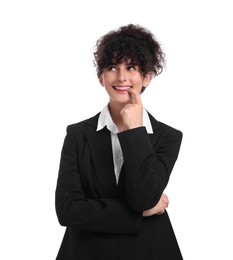 Photo of Beautiful young businesswoman in suit on white background