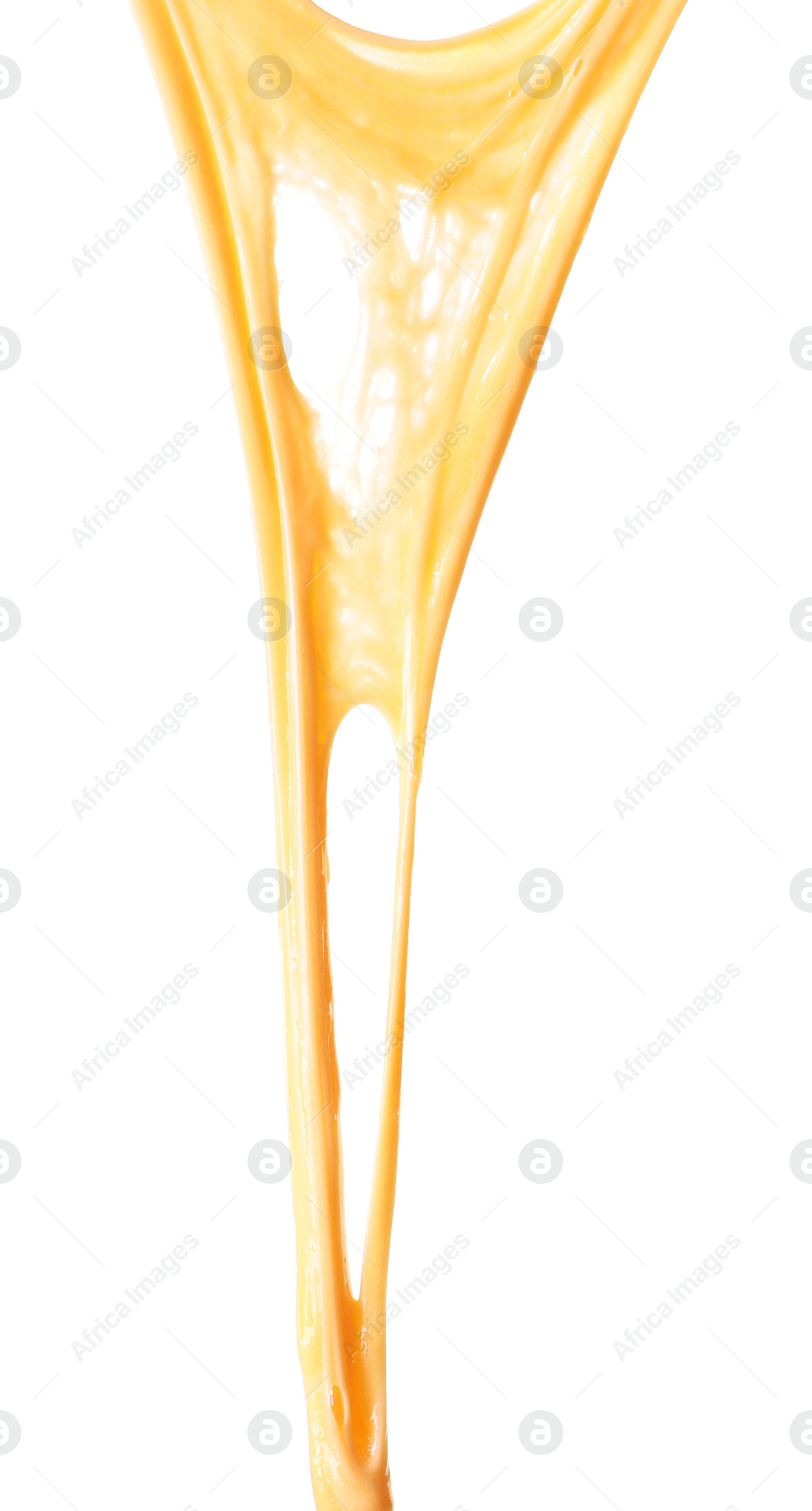 Photo of Stretching delicious melted cheese isolated on white