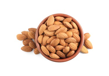 Photo of Bowl and organic almond nuts on white background, top view. Healthy snack