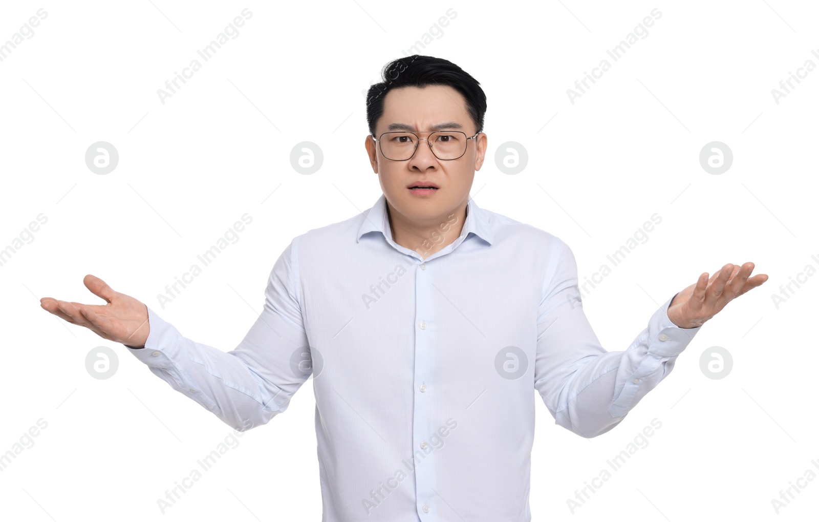 Photo of Confused businessman in formal clothes wearing glasses on white background