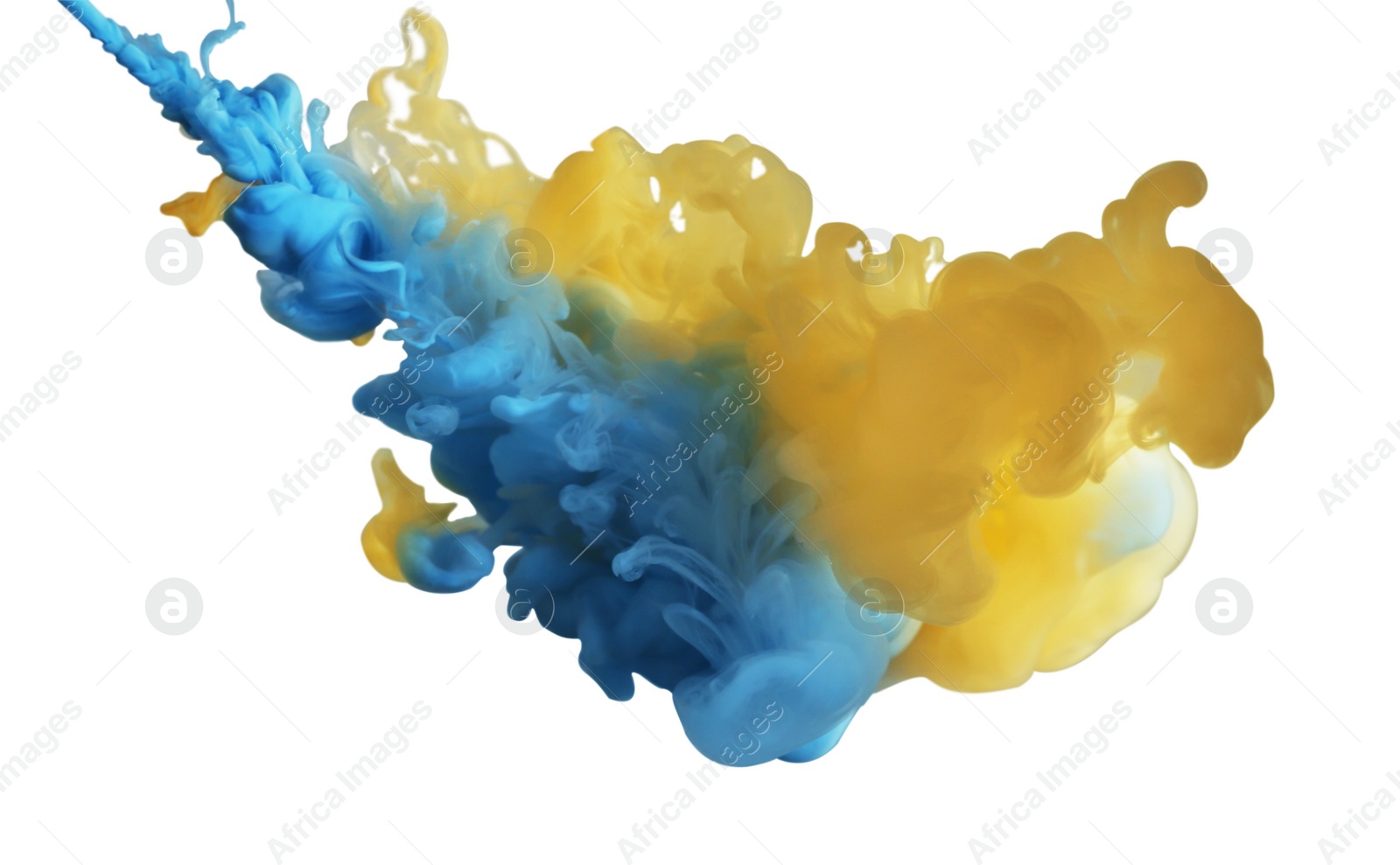 Photo of Splash of yellow and light blue inks on grey background