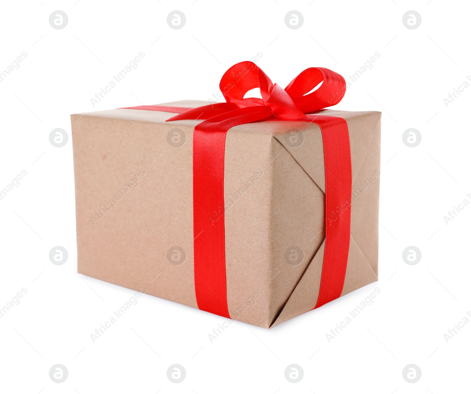 Photo of Christmas gift box decorated with ribbon bow on white background