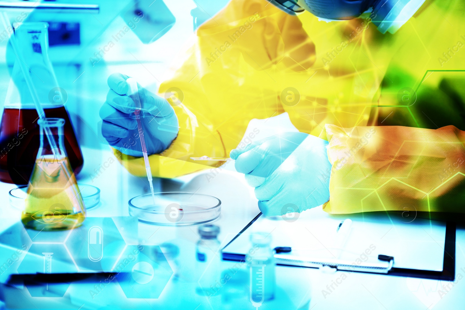 Image of Scientist in chemical protective suit dripping reagent into Petri dish at laboratory, closeup. Virus research