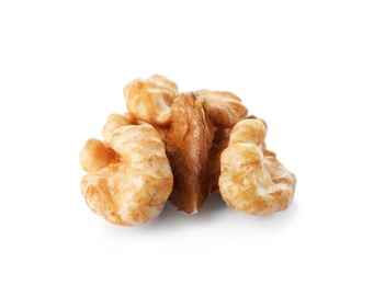 Photo of Half of tasty walnut on white background