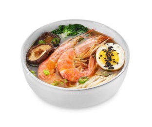 Delicious ramen with shrimps and egg in bowl isolated on white. Noodle soup