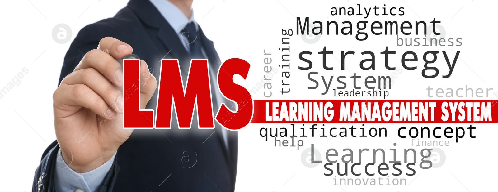 Image of Learning management system. Businessman writing abbreviation LMS on glass board, closeup. White background, banner design