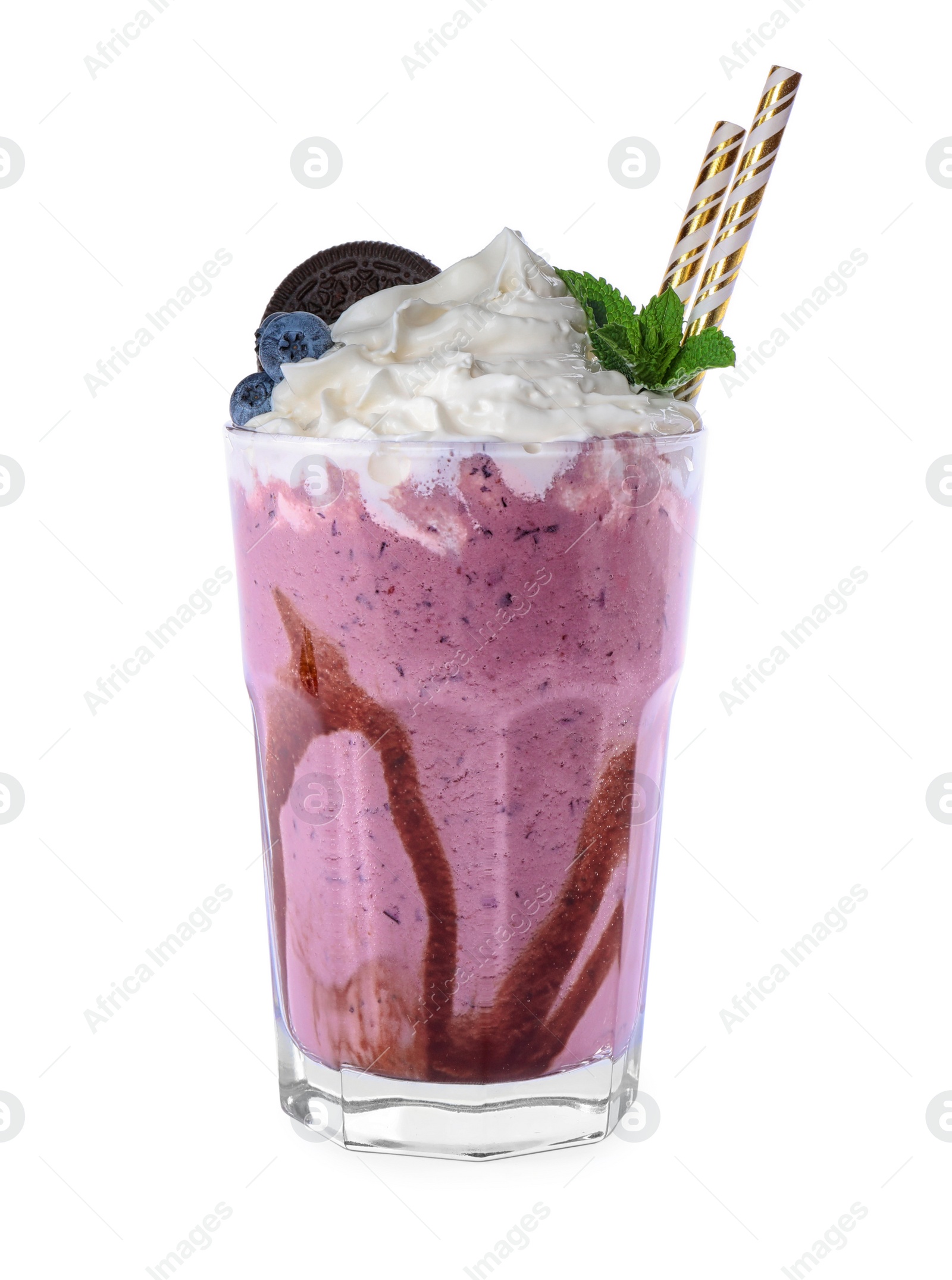 Photo of Tasty fresh milk shake in glass on white background