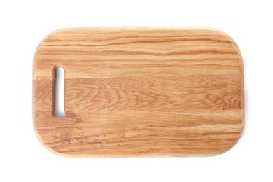 Photo of Wooden cutting board isolated on white, top view