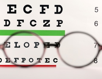 Photo of Blurred glasses with corrective lenses on table against eye chart