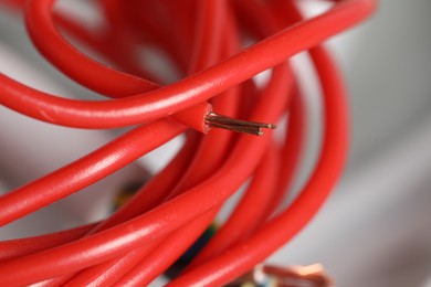 Photo of Red electrical wire on blurred background, closeup