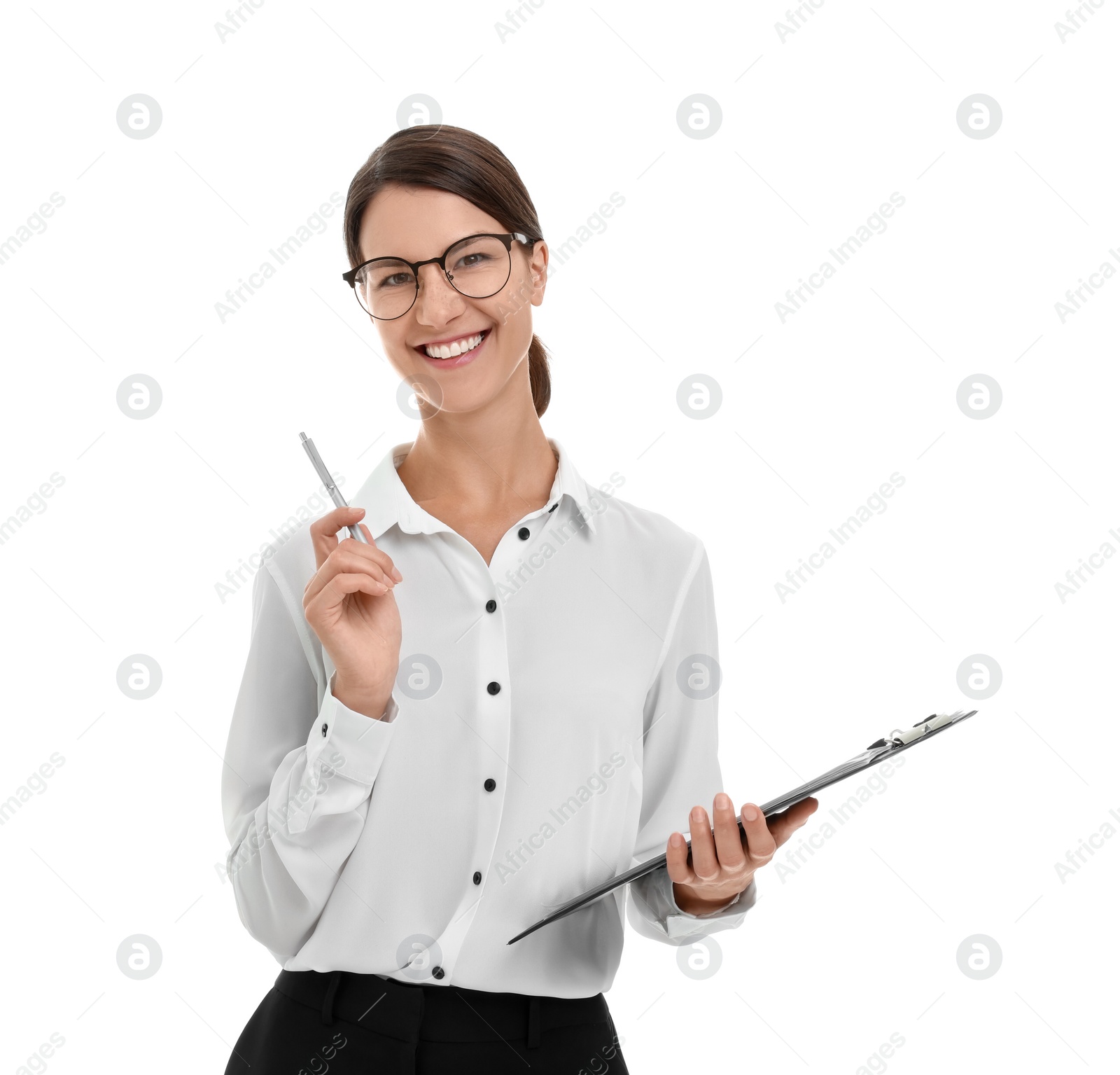 Photo of Happy secretary with clipboard and pen isolated on white