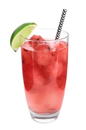 Photo of Glass of watermelon ball cocktail with lime on white background