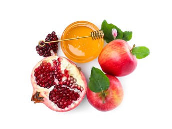 Photo of Honey, pomegranate and apples on white background, top view. Rosh Hashana holiday