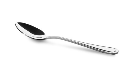 Photo of Clean shiny metal spoon isolated on white