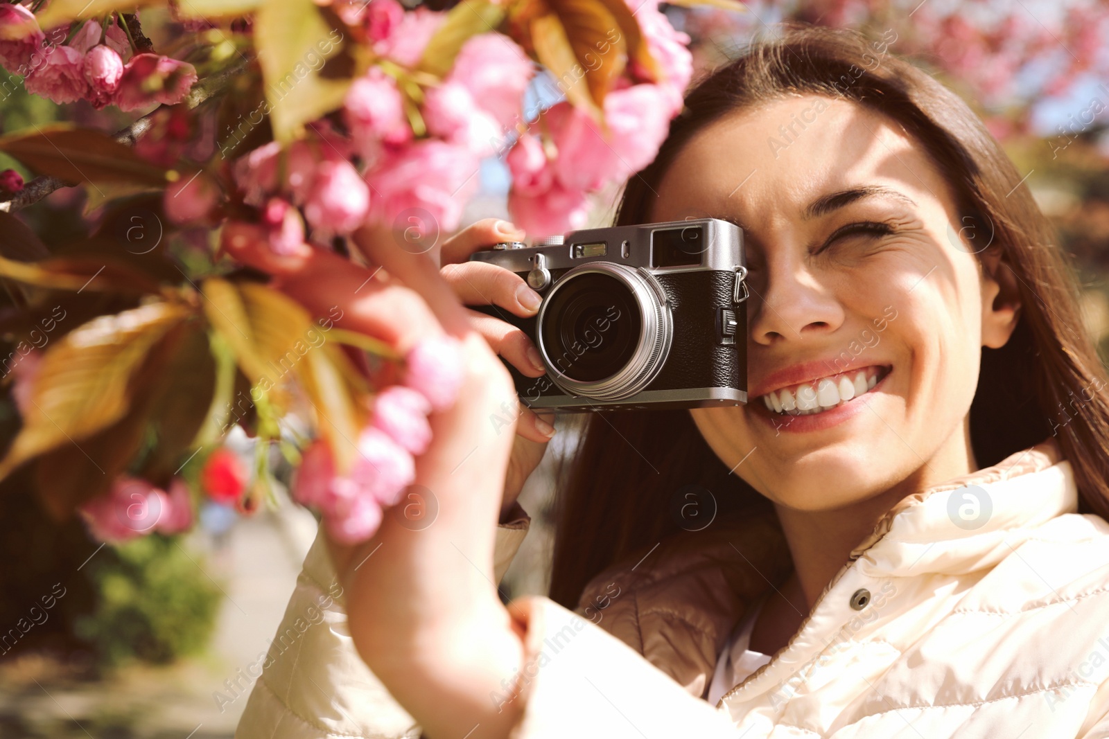 Photo of Happy female tourist taking photo of blossoming sakura outdoors on spring day