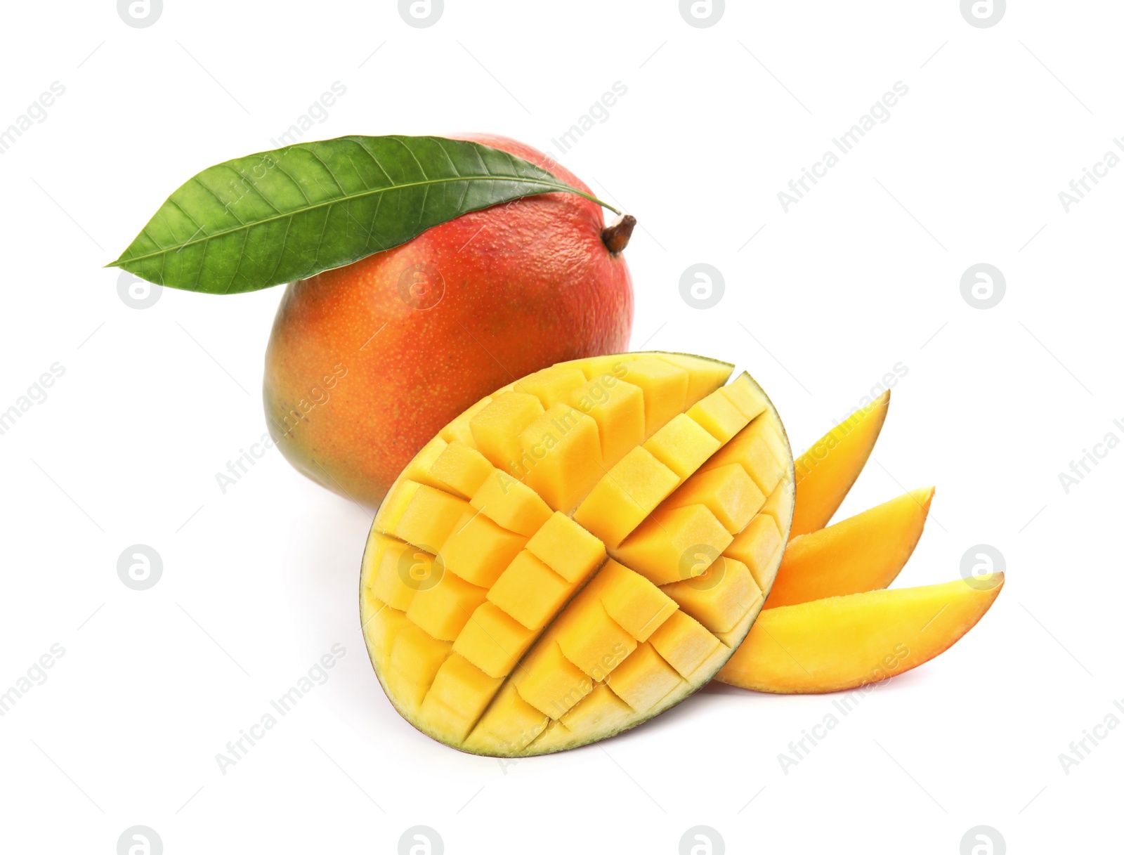 Photo of Delicious ripe mangoes on white background. Tropical fruit