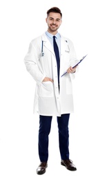 Photo of Full length portrait of medical doctor with clipboard and stethoscope isolated on white