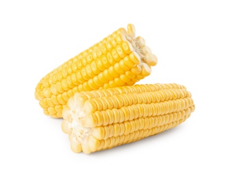 Photo of Pieces of ripe raw corn cob on white background