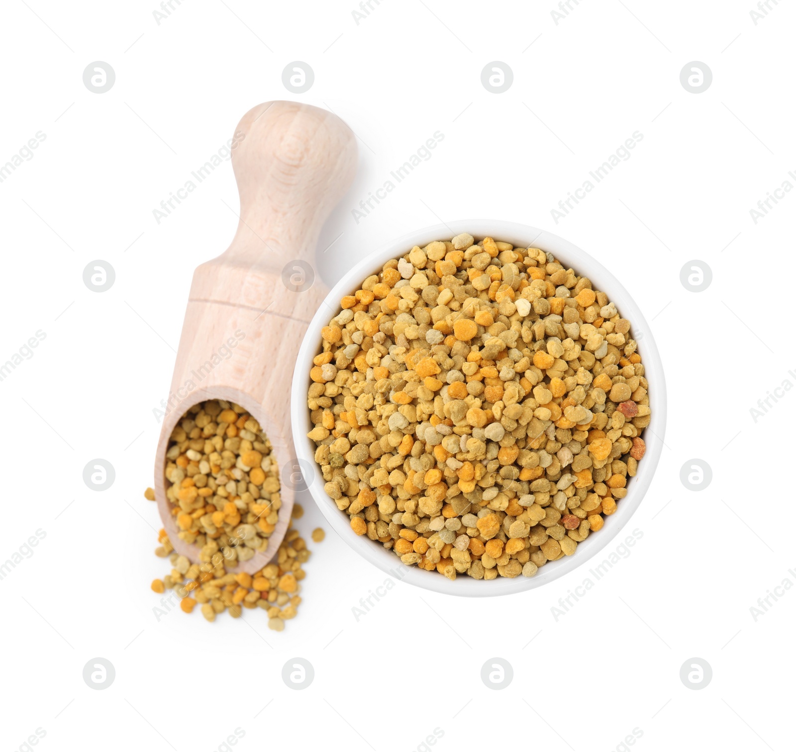 Photo of Fresh bee pollen granules isolated on white, top view
