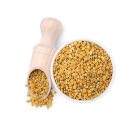 Photo of Fresh bee pollen granules isolated on white, top view