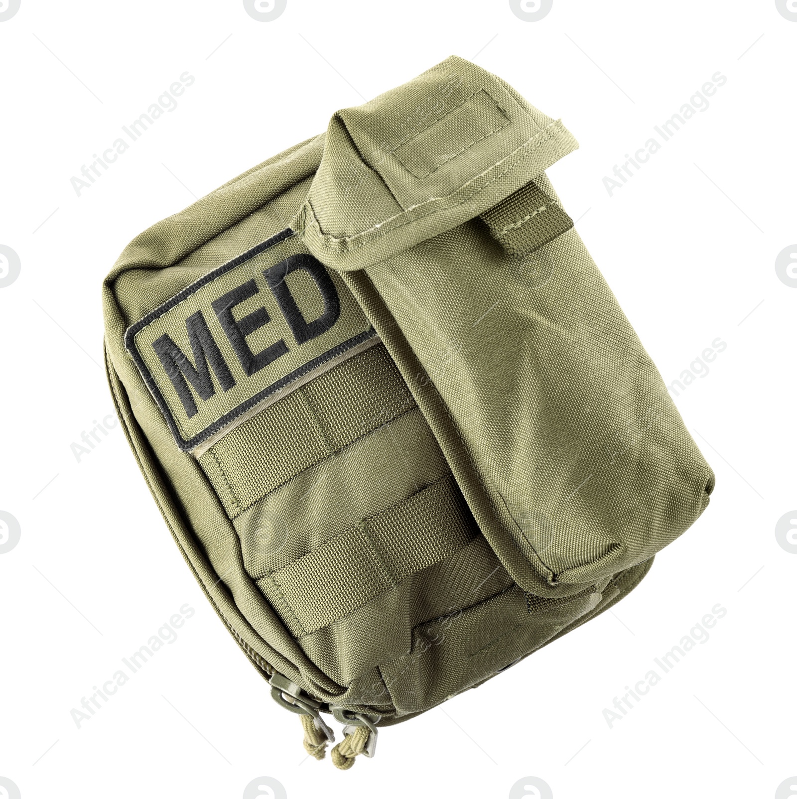 Photo of Military first aid kit isolated on white, top view