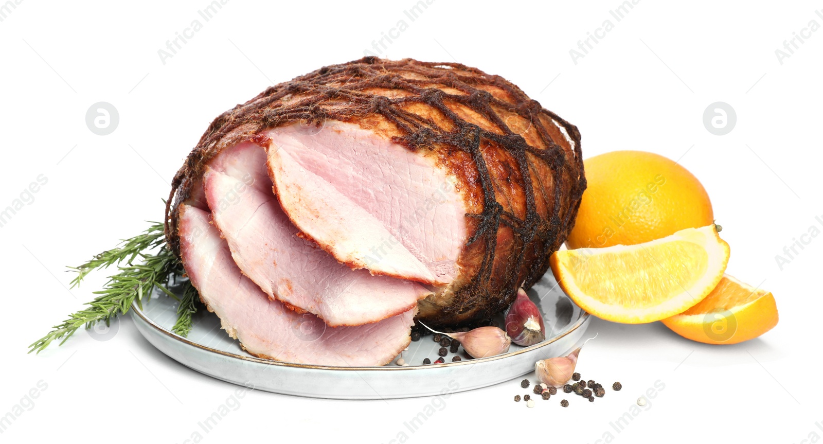 Photo of Delicious baked ham, orange, garlic and rosemary isolated on white