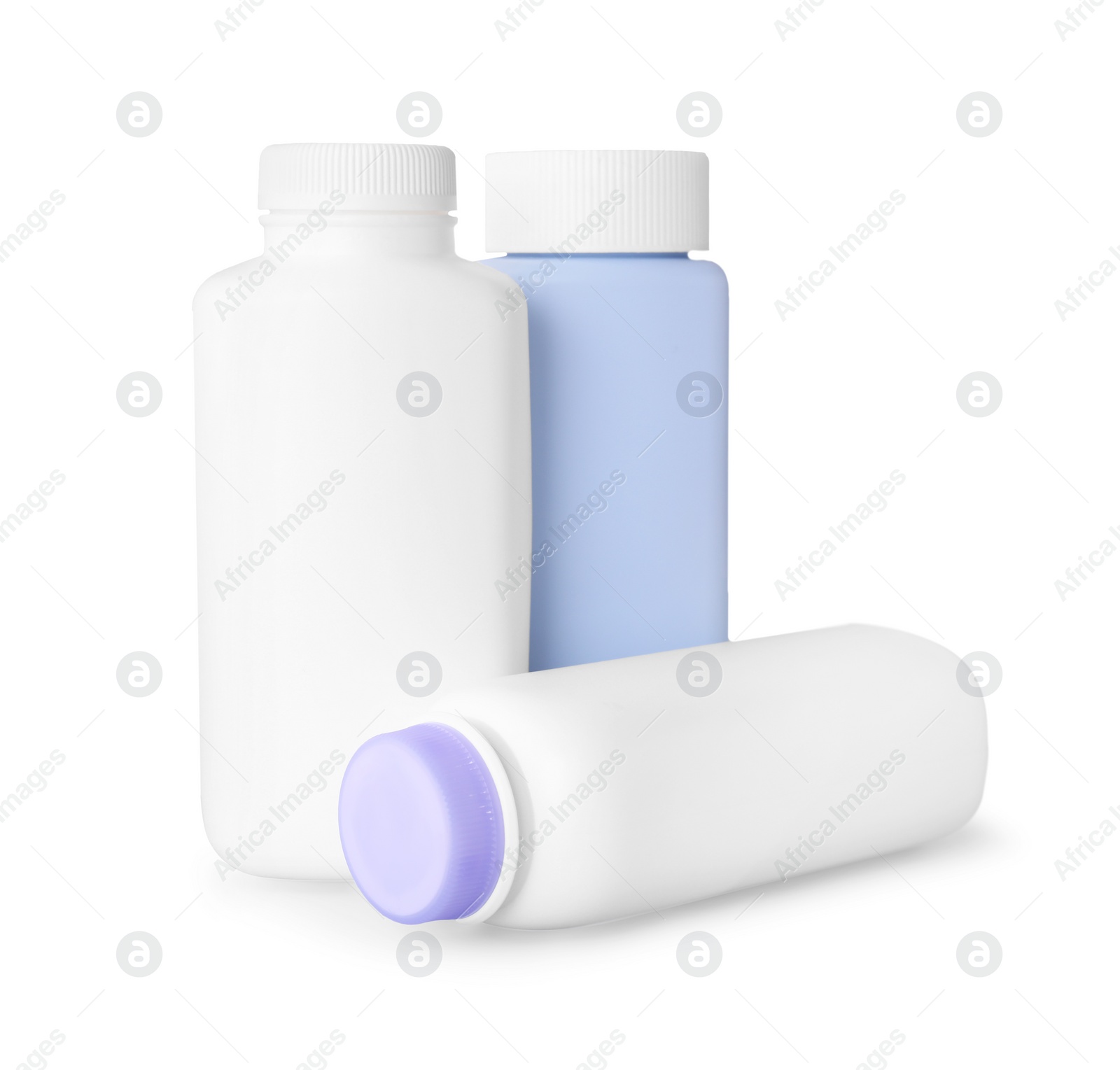 Photo of Blank bottles of baby powder isolated on white