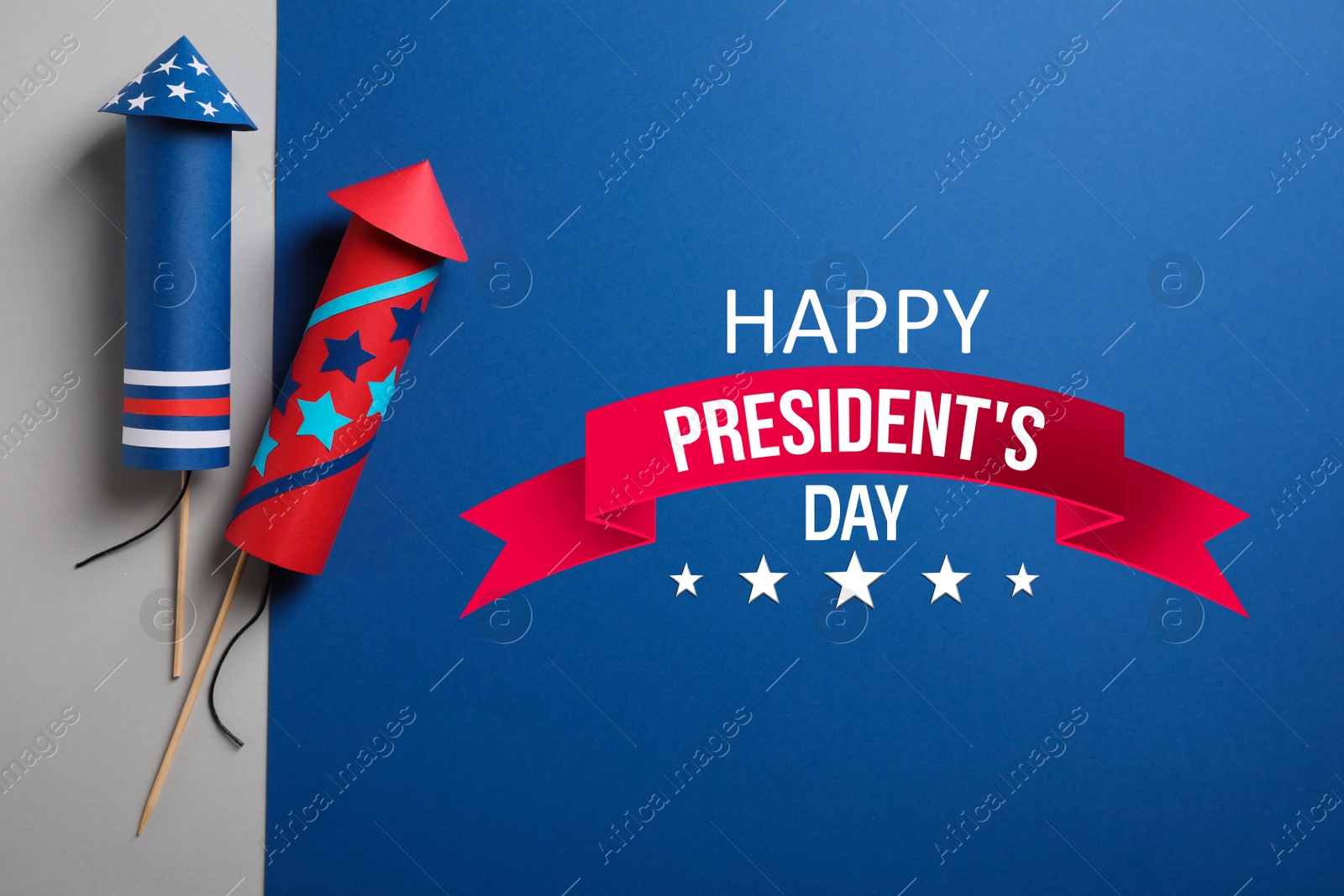 Image of Happy President's Day - federal holiday. Firework rockets and text on color background, flat lay