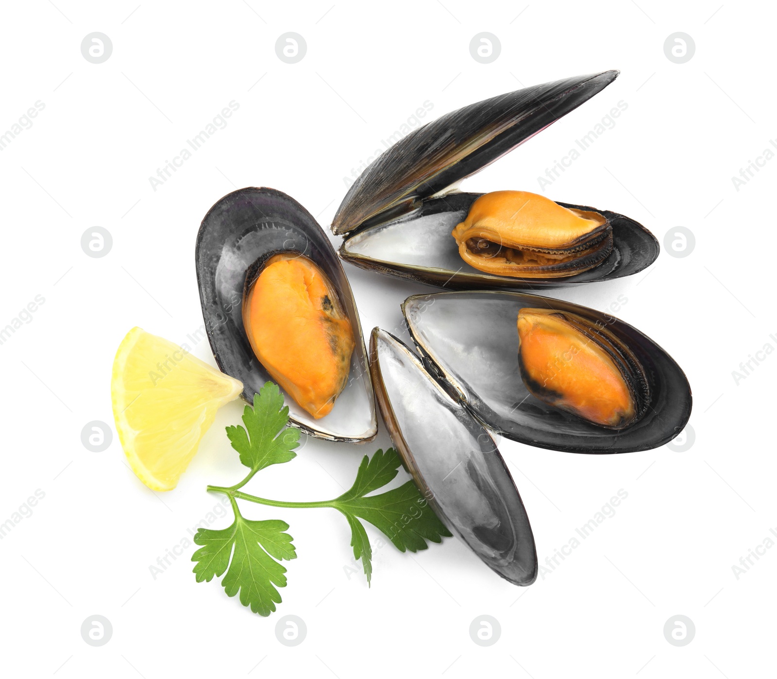 Photo of Delicious cooked mussels with parsley and lemon on white background, top view