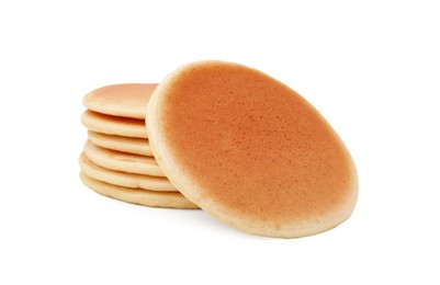 Stack of delicious pancakes isolated on white