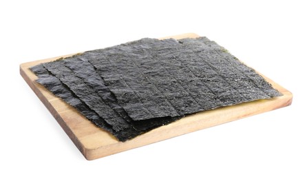 Wooden board with dry nori sheets on white background