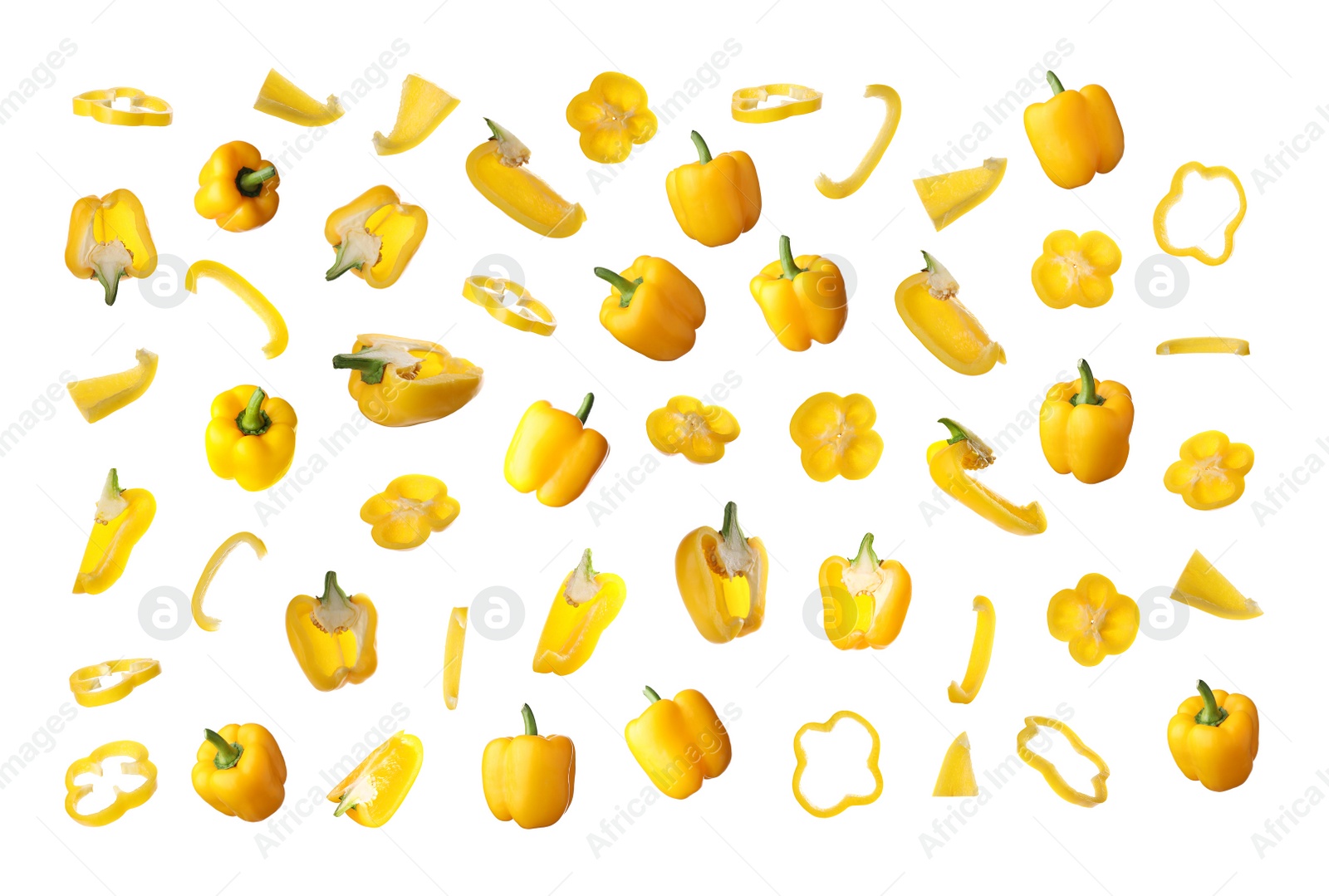 Image of Set of ripe yellow bell peppers on white background