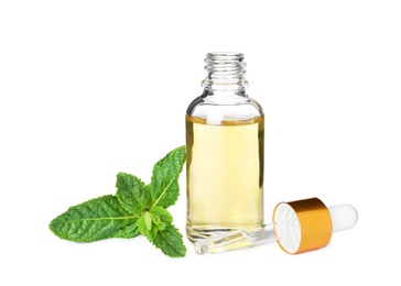 Little bottle of essential oil with dropper and mint on white background