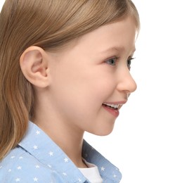 Portrait of cute little girl on white background