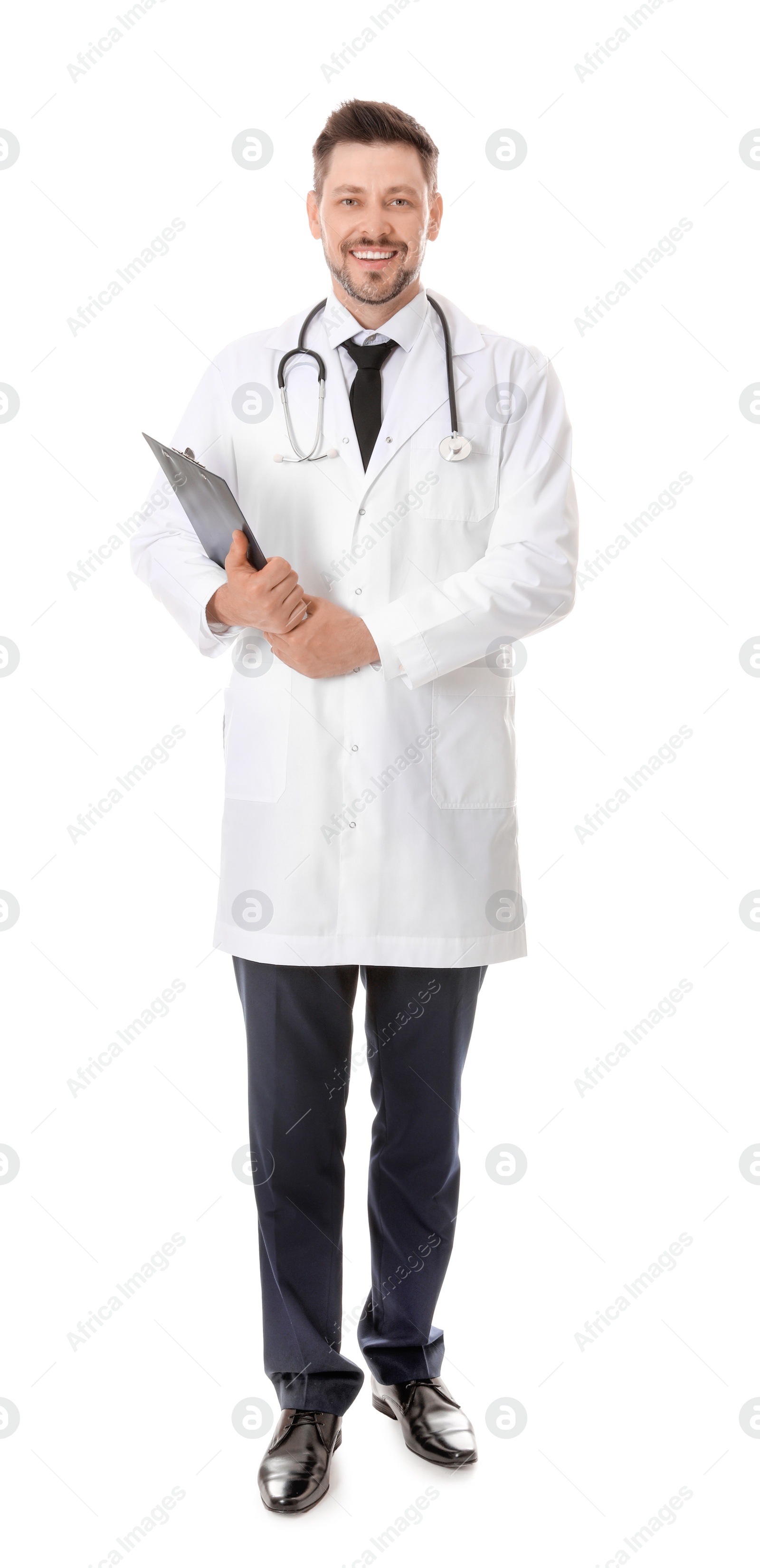 Photo of Full length portrait of male doctor with clipboard isolated on white. Medical staff