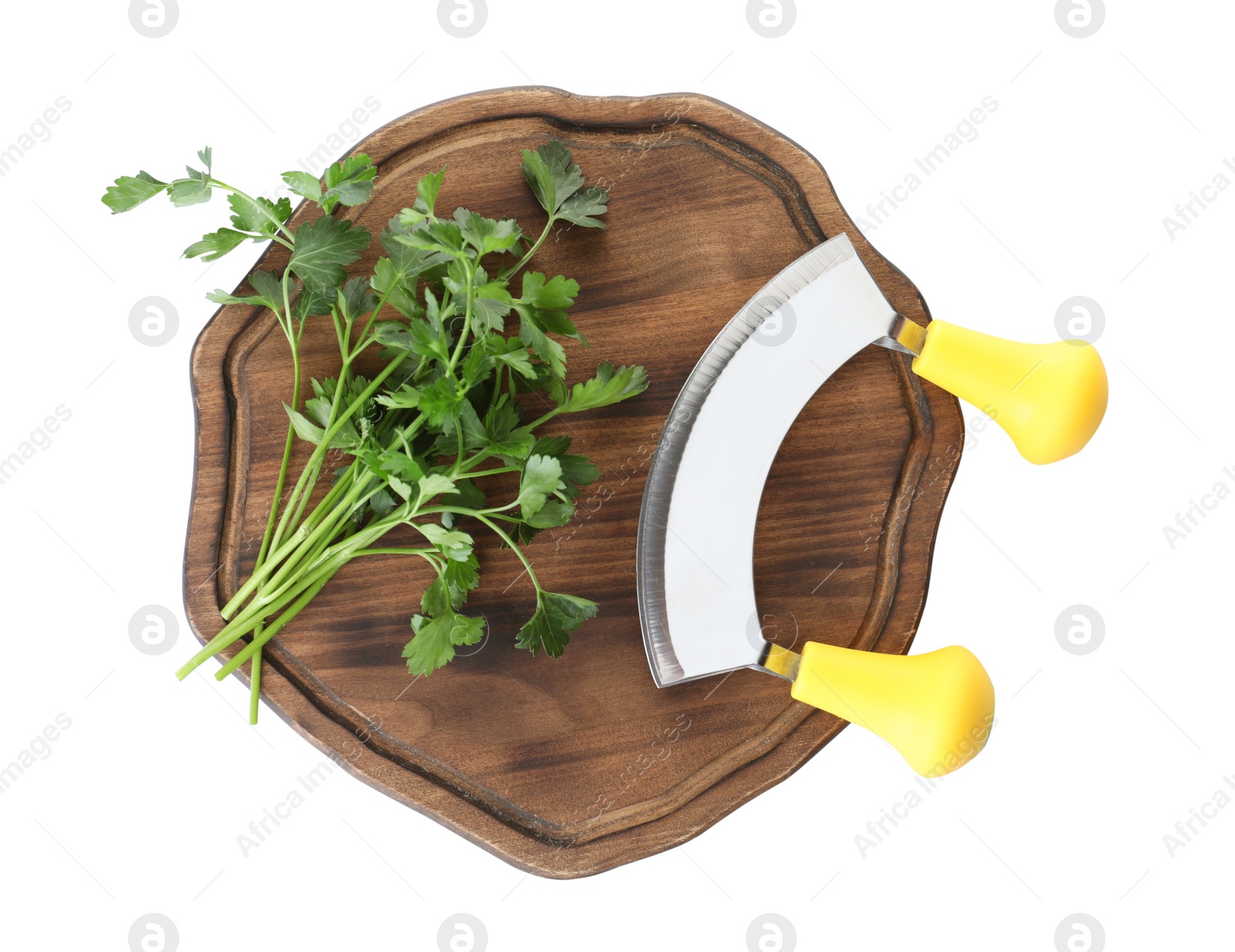 Photo of Wooden cutting board with parsley and mezzaluna knife isolated on white, top view