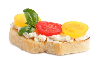 Tasty fresh tomato bruschetta on white background