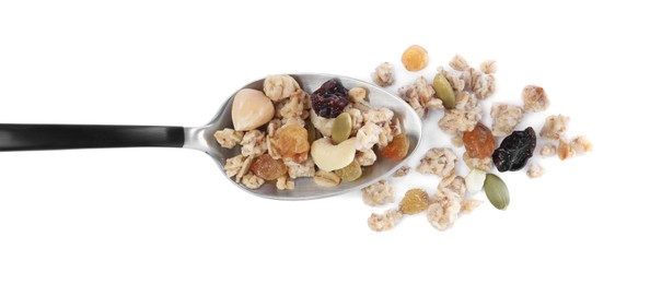 Photo of Spoon with granola on white background, top view. Healthy snack