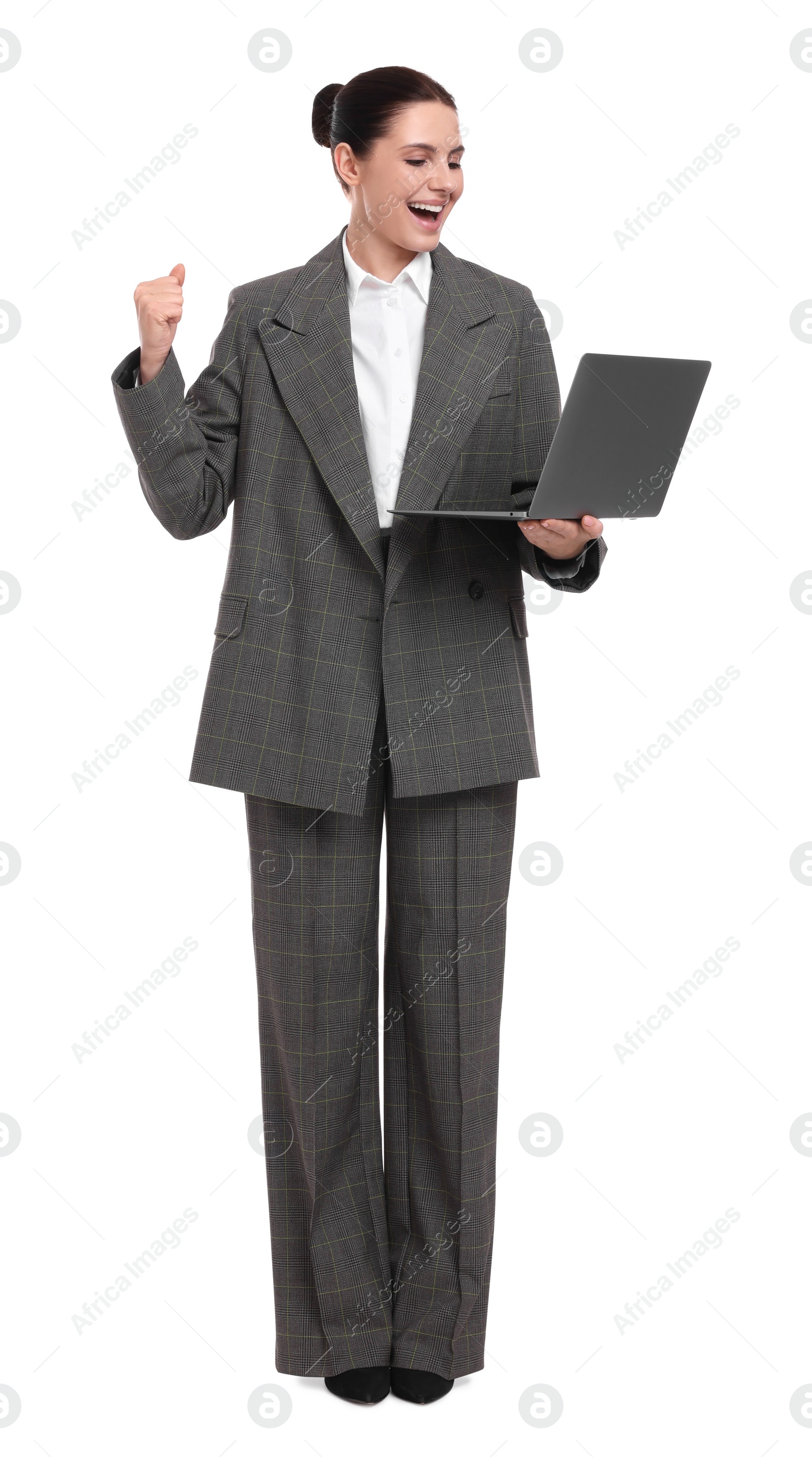 Photo of Beautiful emotional businesswoman using laptop on white background